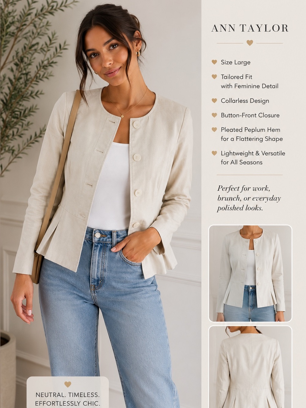 Ann Taylor Cream Collarless Peplum Blazer